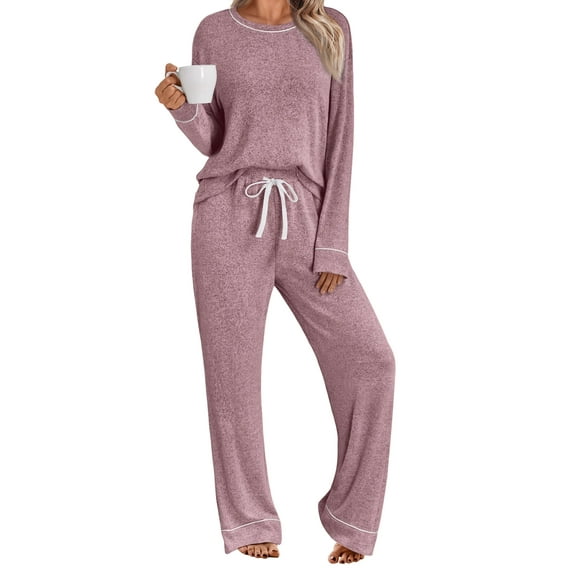 SUNBS Long Sleeve Lounge Sets for Women Casual Two Piece Outfits Wide Leg Pants with Pockets Crewneck Pajamas Clothing