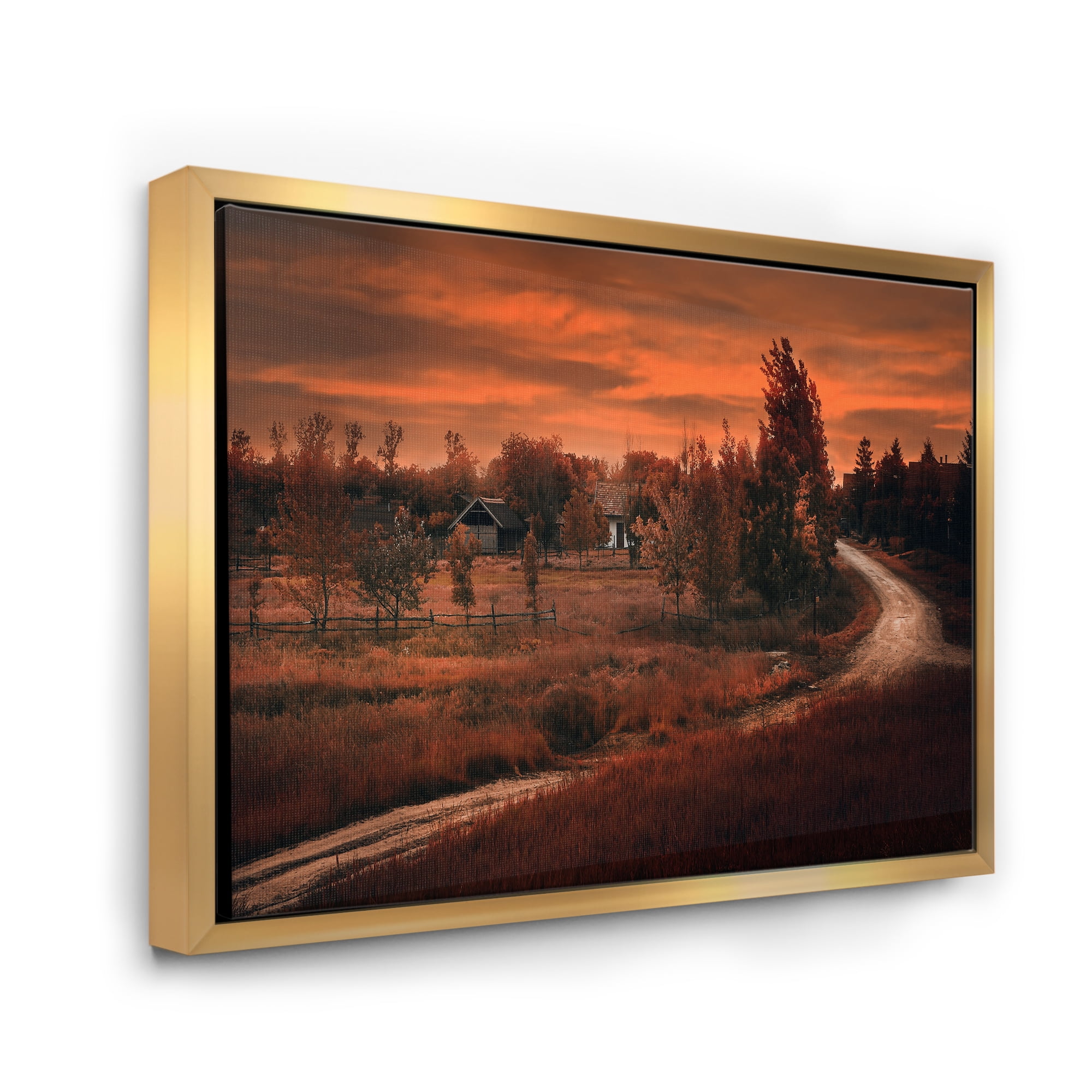 Designart 'The Road By The Farm In Dark Pink Sunset' Farmhouse Framed Canvas Wall Art Print