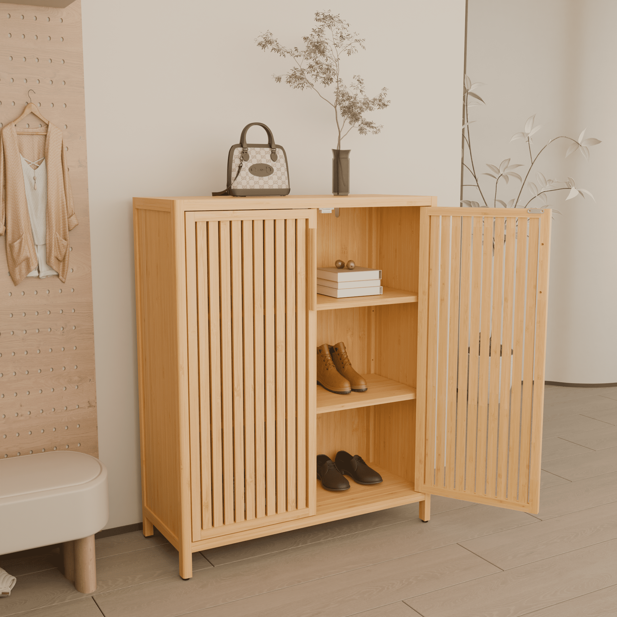 Yoneston Bamboo Storage Cabinet with Doors, Home Office 3-Tier Shoe Rack Shelves for Entryway, Bathroom, Living Room Natural