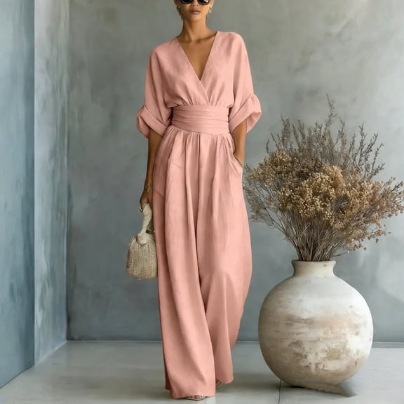 Women's Summer V-Neck Wide-Leg Jumpsuits, Sleeveless Ruched Waist Maxi Jumpsuits L