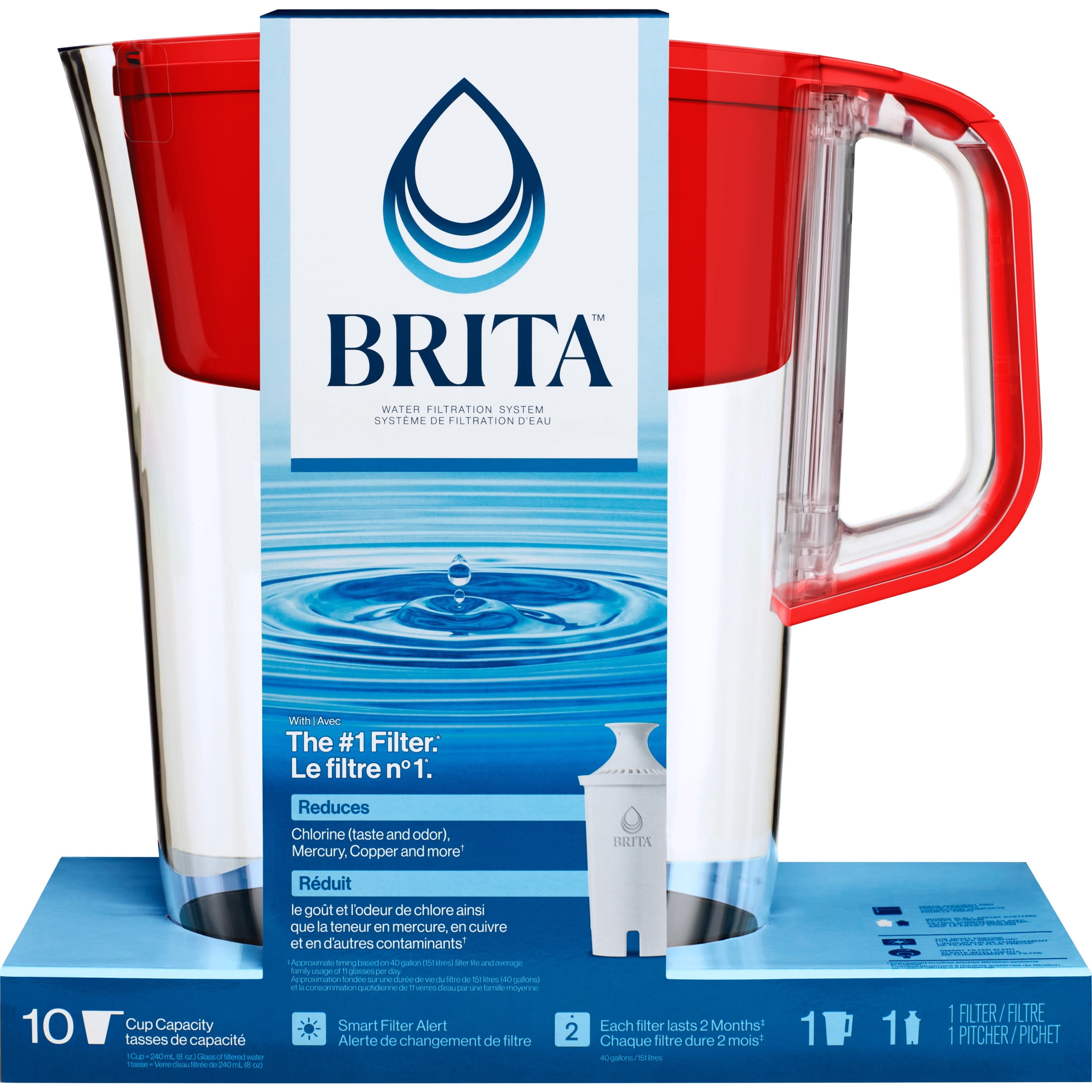Brita Large 10 Cup Water Filter Pitcher with 1 Standard Filter, Made Without BPA, Tahoe, Red