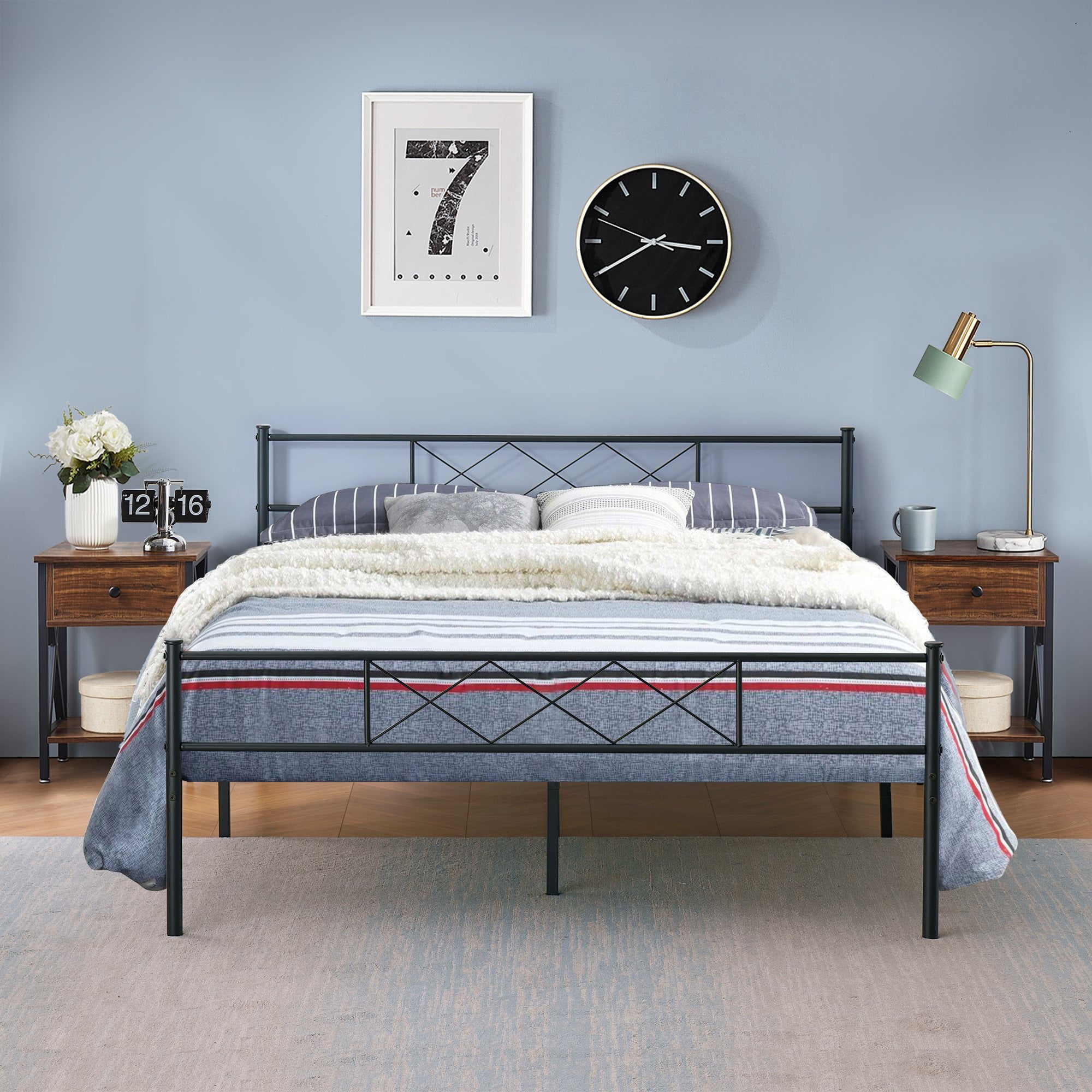 Full Size Bed Frame and Nightstands Bedroom Sets, 3Piece Set