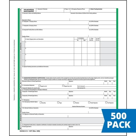Non-Hazardous Waste Manifest - Pin-Feed Continuous Format, 5-Ply, Carbonless, English 500-pack - J. J. Keller & Associates