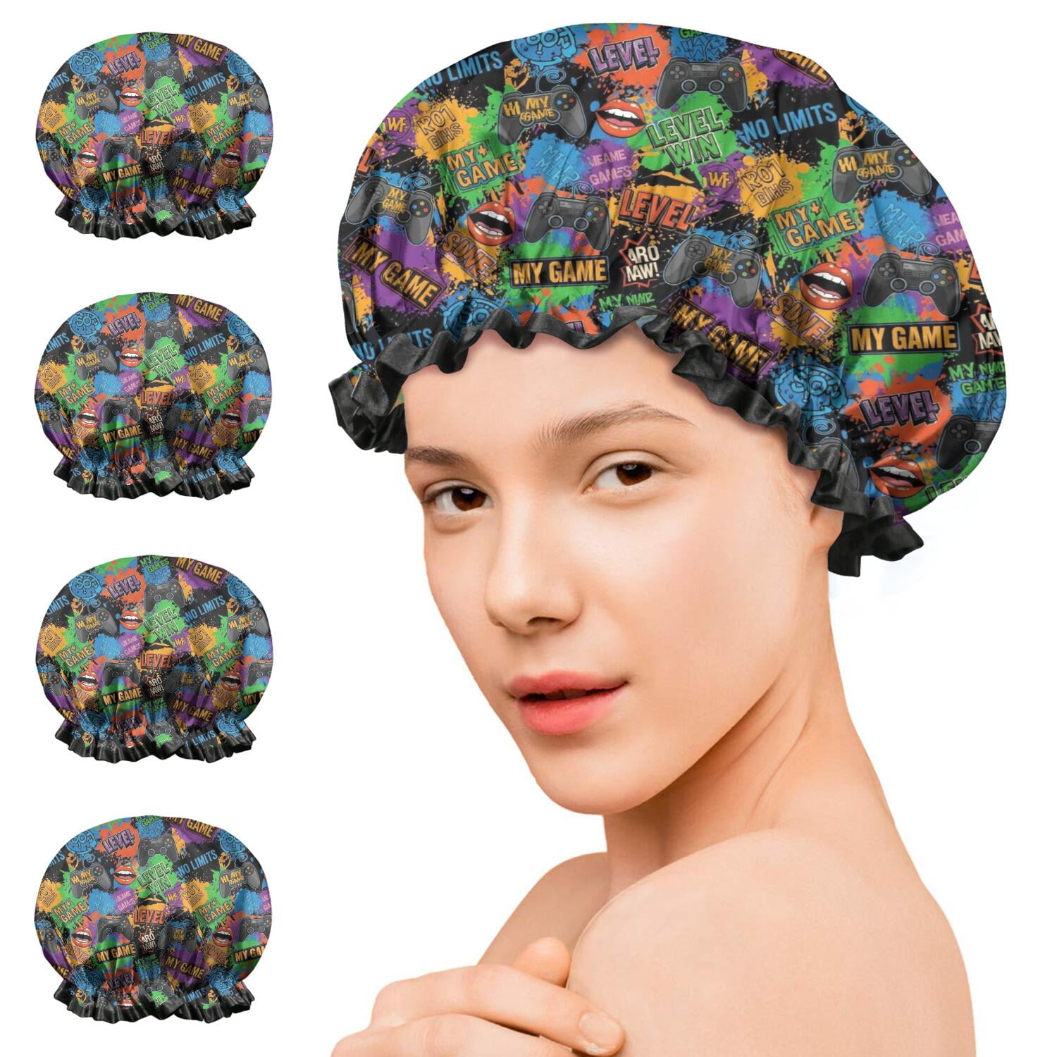 Shower Caps,Colorful Games Graffiti Black Pattern Waterproof Shower Cap for Women 4 Pieces,Double Reusable Hair Cover for Shower PEVA Elastic Stretch Hem