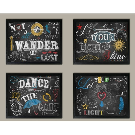 4 Beautiful, Fun Inspirational Chalkboard Style Messages; Set of Four 14x11in Black Framed Prints; Ready to hang!
