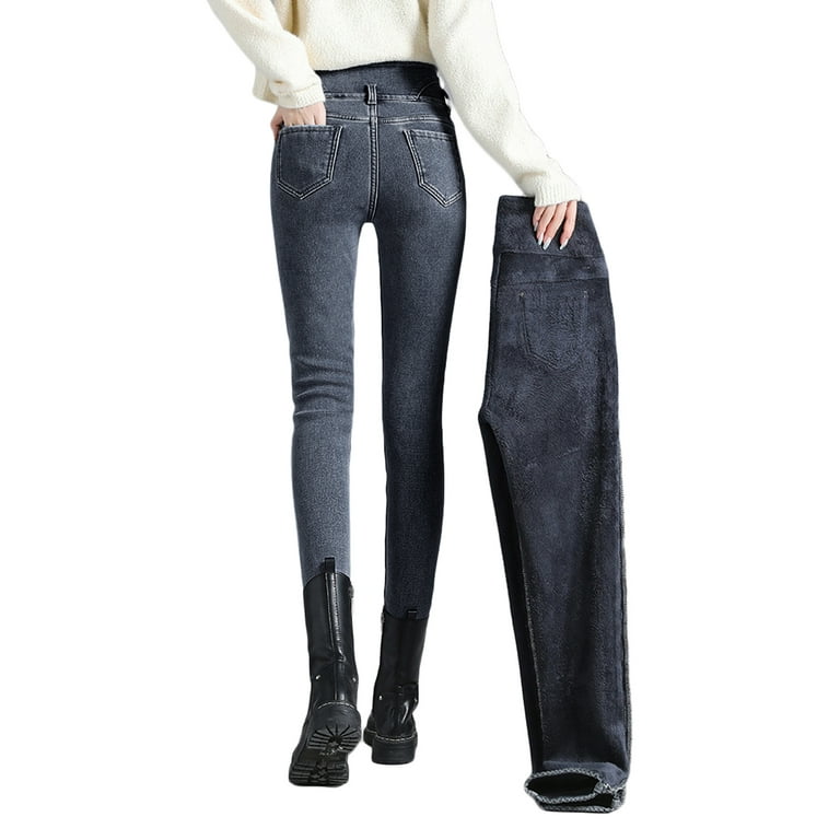 Women Skinny High Waist Denim Pants Fleece Lined Jeans Thermal Flannel Lined  Stretch Jeggings 
