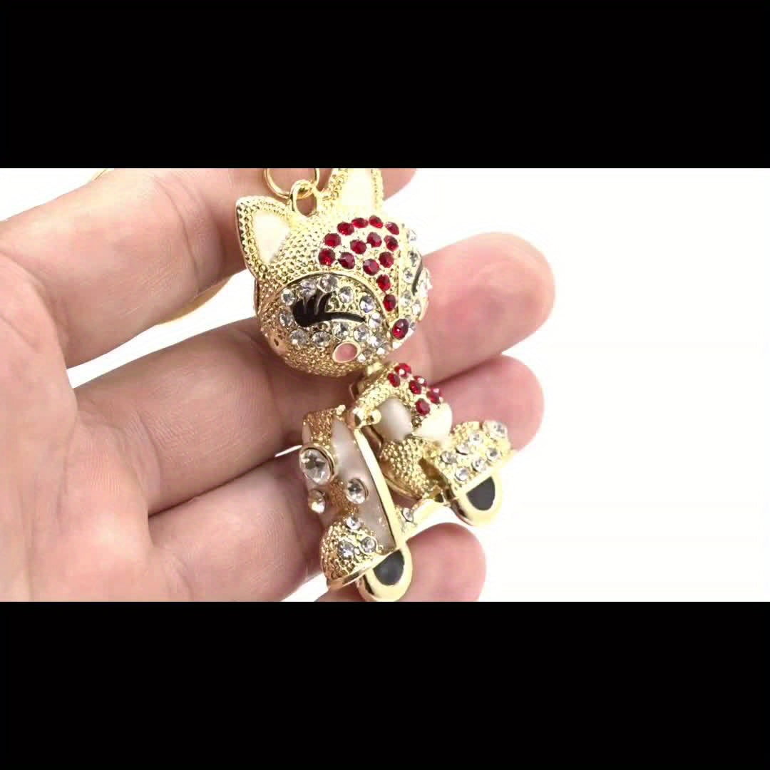 1 piece cute fox scooter keychain shiny rhinestone animal alloy key chain ring bag backpack hanging decoration car key pendant ladies girl gift