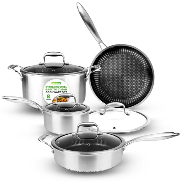 NutriChef Batería de Cocina Triple de 8 Piezas de Acero Inoxidable - Juego de Ollas y Sartenes Triply Batería de Cocina, Recubrimiento Antiadherente - Cacerola para Salsa, Olla para Estofado, Olla, Sa