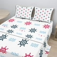 thumbnail image 2 of Ambesonne Nautical Fitted & Top Sheet Set with Shams, Ship Helm Waves Retro, Red Blue, 2 of 8
