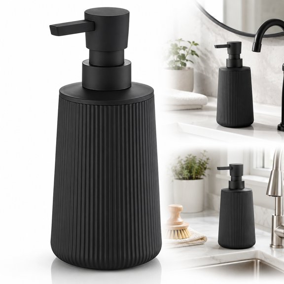 Modern Farmhouse Striped Soap Dispenser - Small Plastic Hand & Dish Soap Dispenser with Pump for Bathroom & Kitchen | Matte Black