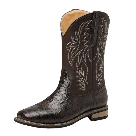 YLYL Mens Leather Square Toe Cowboy Boot Embroidered Embossed Crocodile Western Boot