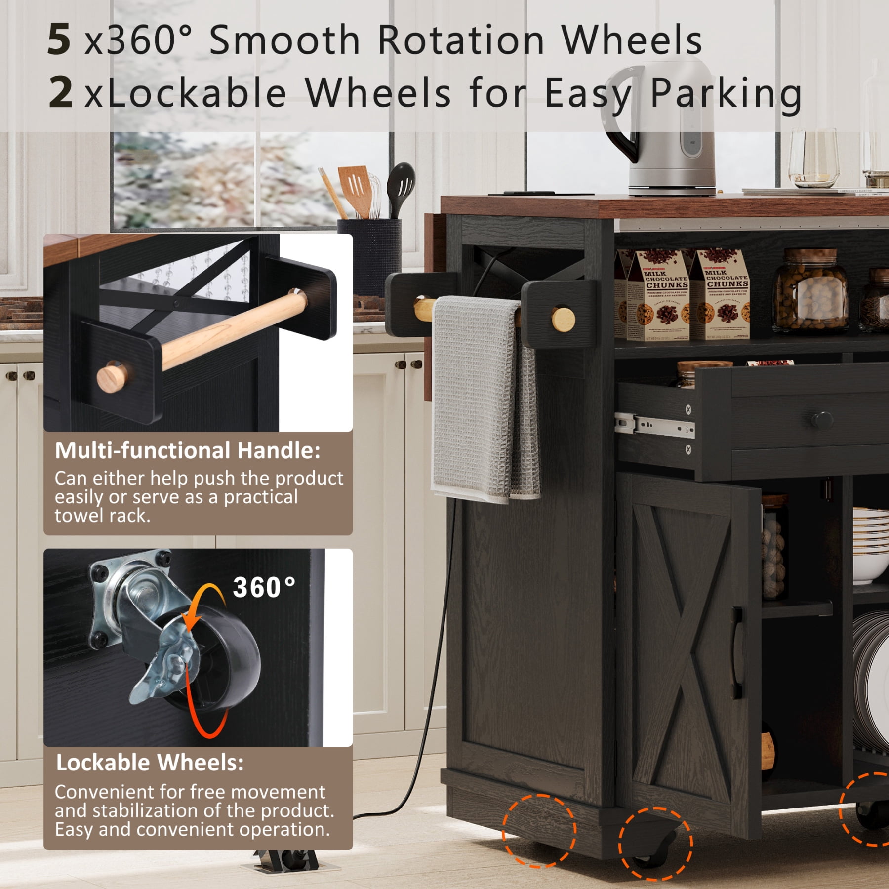 Harper & Bright Designs Farmhouse Kitchen Island with Drop Leaf and Wheels, Kitchen Storage Cart with Drawers and Internal Iron Shelf, Rolling Kitchen Island with Power Outlet, Black