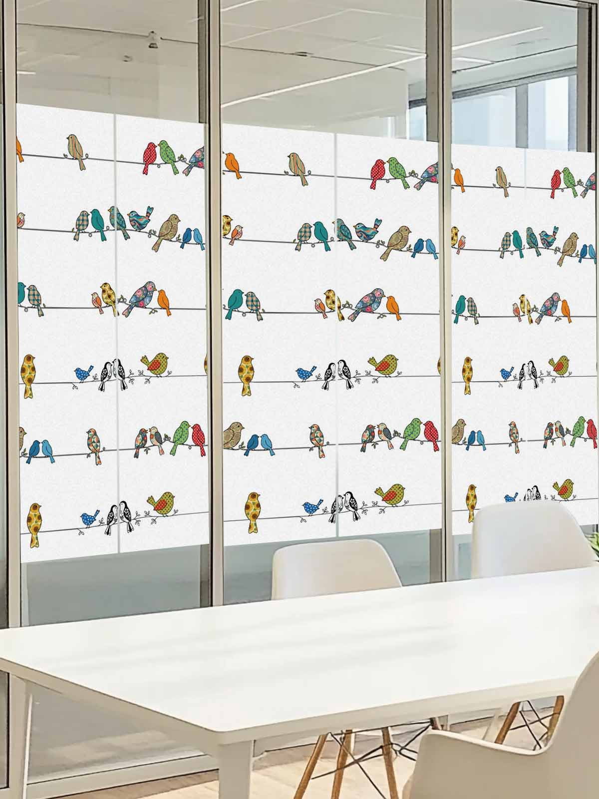 Abstract Bird Window Privacy Film, Cartoon Green Blue Red Orange Bird Stripes Frosted Glass Window Clings Static Cling UV Heat Blocking Reusable Door Sticker for Bathroom 23.6 x 59 Inch