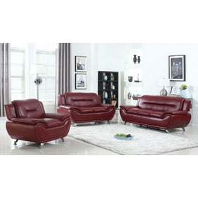 Ufe Norton Burgundy Faux Leather 3 Piece Modern Living Room Sofa