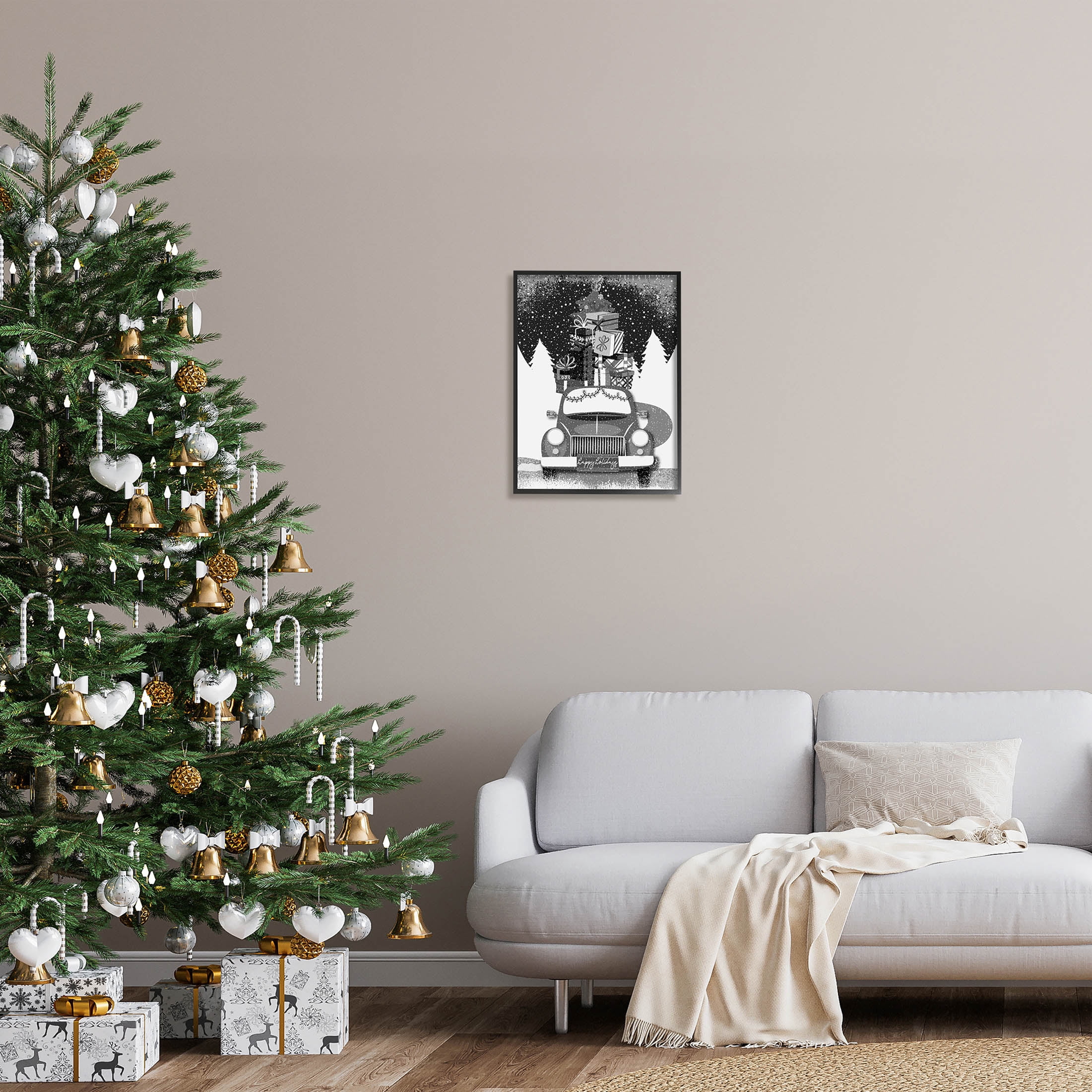 Stupell Industries Happy Holidays Gifts Car Graphic Art Black Framed Art Print Wall Art, Design by Andrea Jasid Grassi