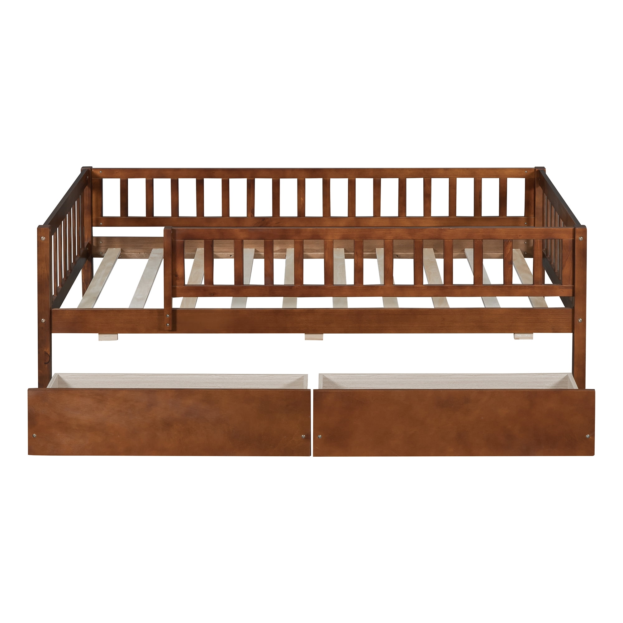 Holaki Twin Size Wood Bed with Guardrails and 2 Storage Drawers for Kids, Walnut