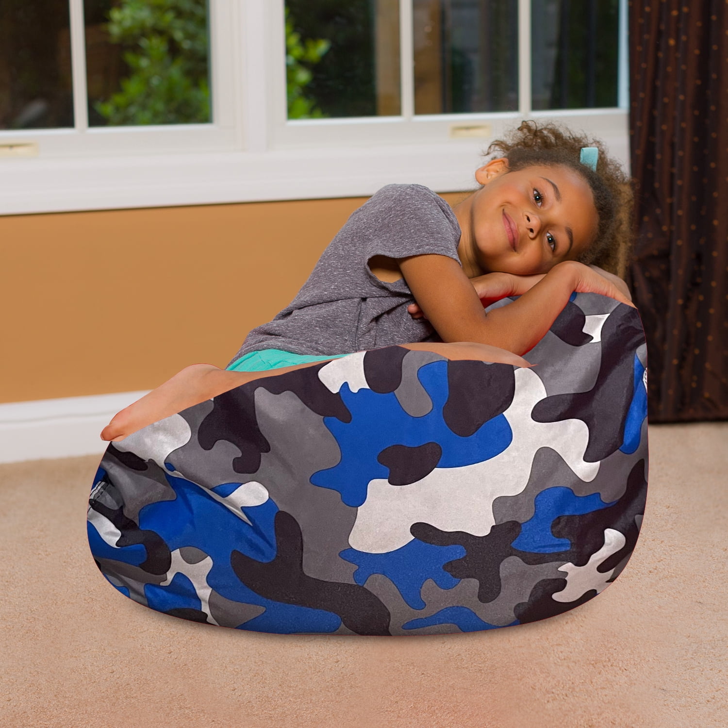 Posh Creations Bean Bag Chair for Kids, Teens, and Adults, 27in - Medium, Nylon Camo Blue and Brown