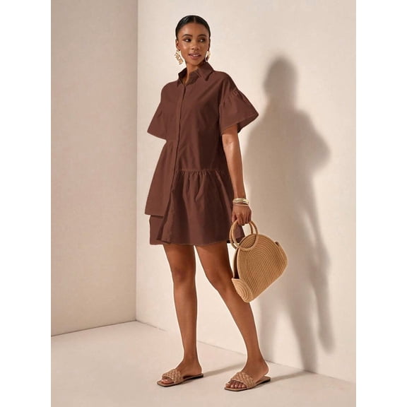 Brown Solid Front Button Ruffle Hem Short Sleeve Shirt Dress For Women
