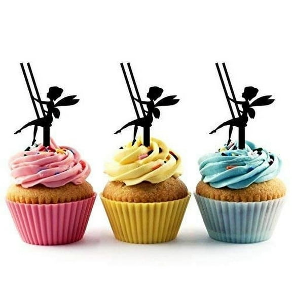Tinkerbell Fairy On A Swing Silhouette Acrylic Cupcake Toppers-12 PCS