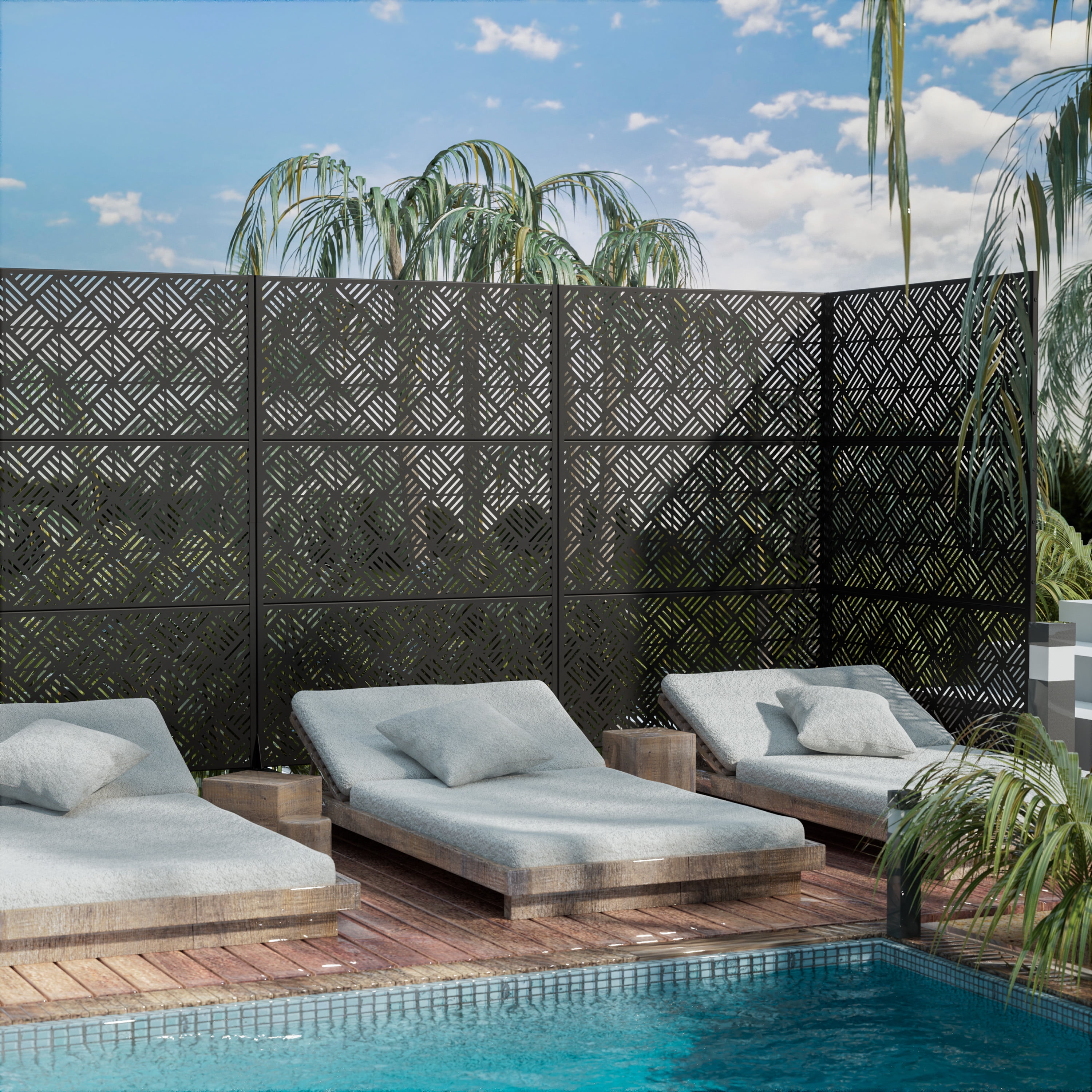 MAYEERTY 72*47" Outdoor Black Metal Freestanding Panel Screen for Patio, Diamond Woven Pattern