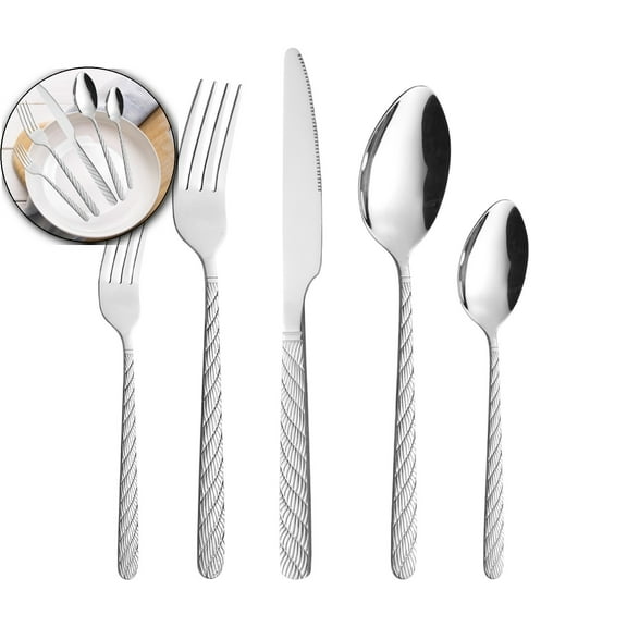 VQPeo Stainless Steel Cutlery Set (5-Piece) – Twisted Handle Knife, Fork & Spoon with Floral Embossing, Portable Travel Utensils with Case for Camping, Picnic, Office & Outdoor