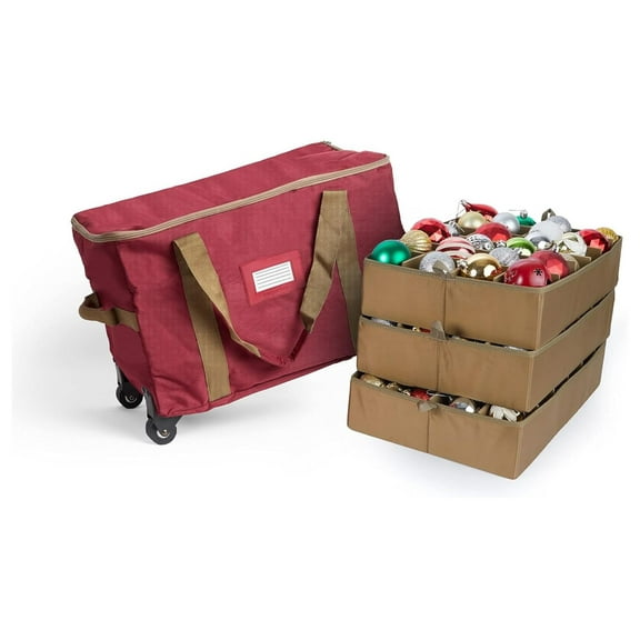 Drevy Keepsakes Rolling Adjustable Ornament Storage Bag - Carrying Handles, Padded Protection, Dual Wheels - Holiday Storage-Red
