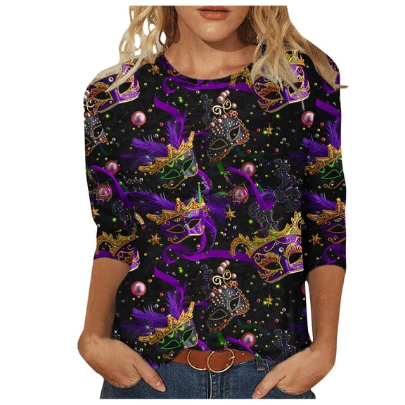 REORIAFEE Mardi Gras T Shirts for Women Plus Size 3/4 Length Sleeve T Shirt Party Mask Print Blouses Crewneck Tee Tops Color paneling Pullover Carnival Themed Trendy Fashion Clothing