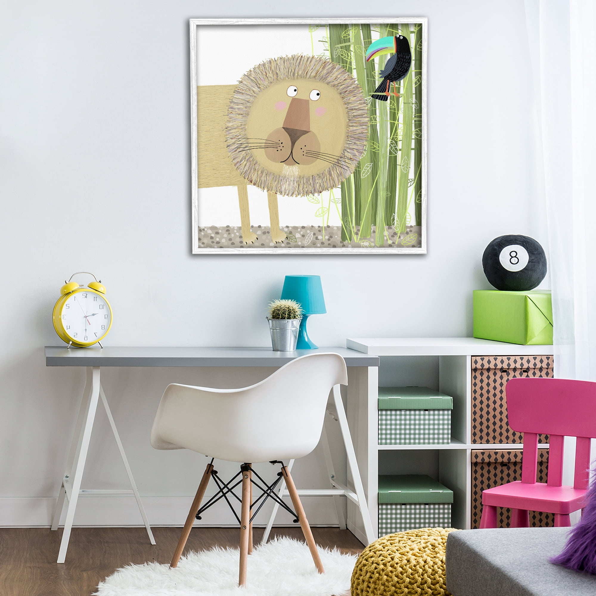 Stupell Industries Lion with Bamboo Trees & Toucan White Framed Giclee Art, design by Carla Daly