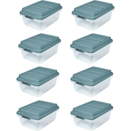 Hefty 18 Quart Hi-Rise Storage Bin with Lid, Stackable Plastic Container for Home, Office, and Classroom Organization, 8 Pack, Smoke Blue