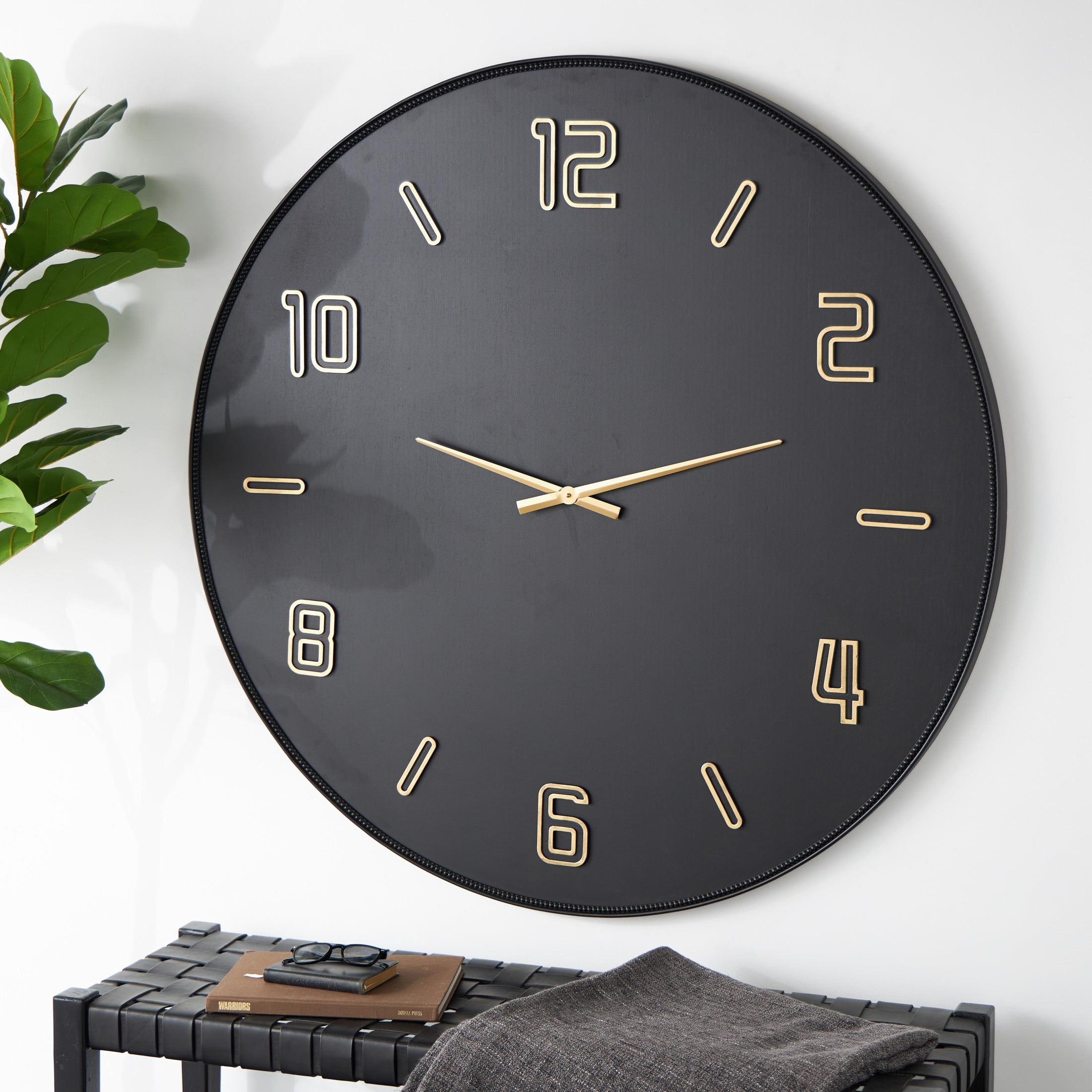 DecMode 47 Black Wooden Wall Clock with Gold Hands and Numbers