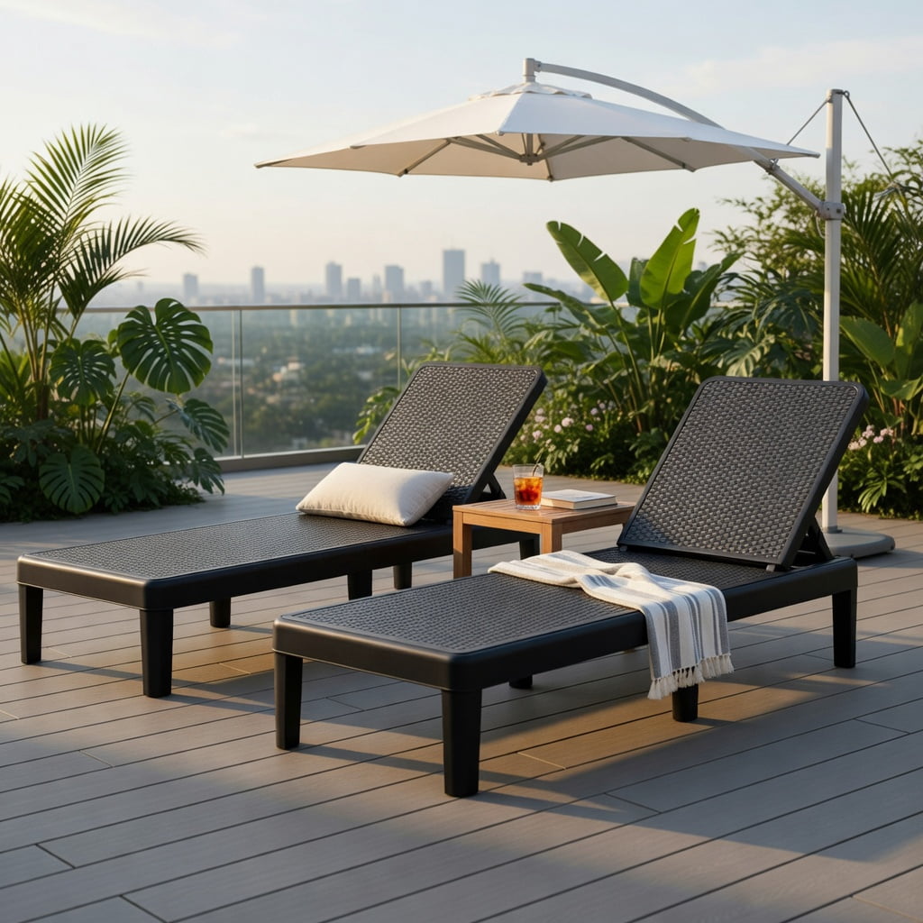 Hommoo Outdoor Chaise Lounge Chair, Adjustable 4-Position Backrest, Waterproof Faux Rattan PP Surface, for Patio, Poolside, or Deck, Black