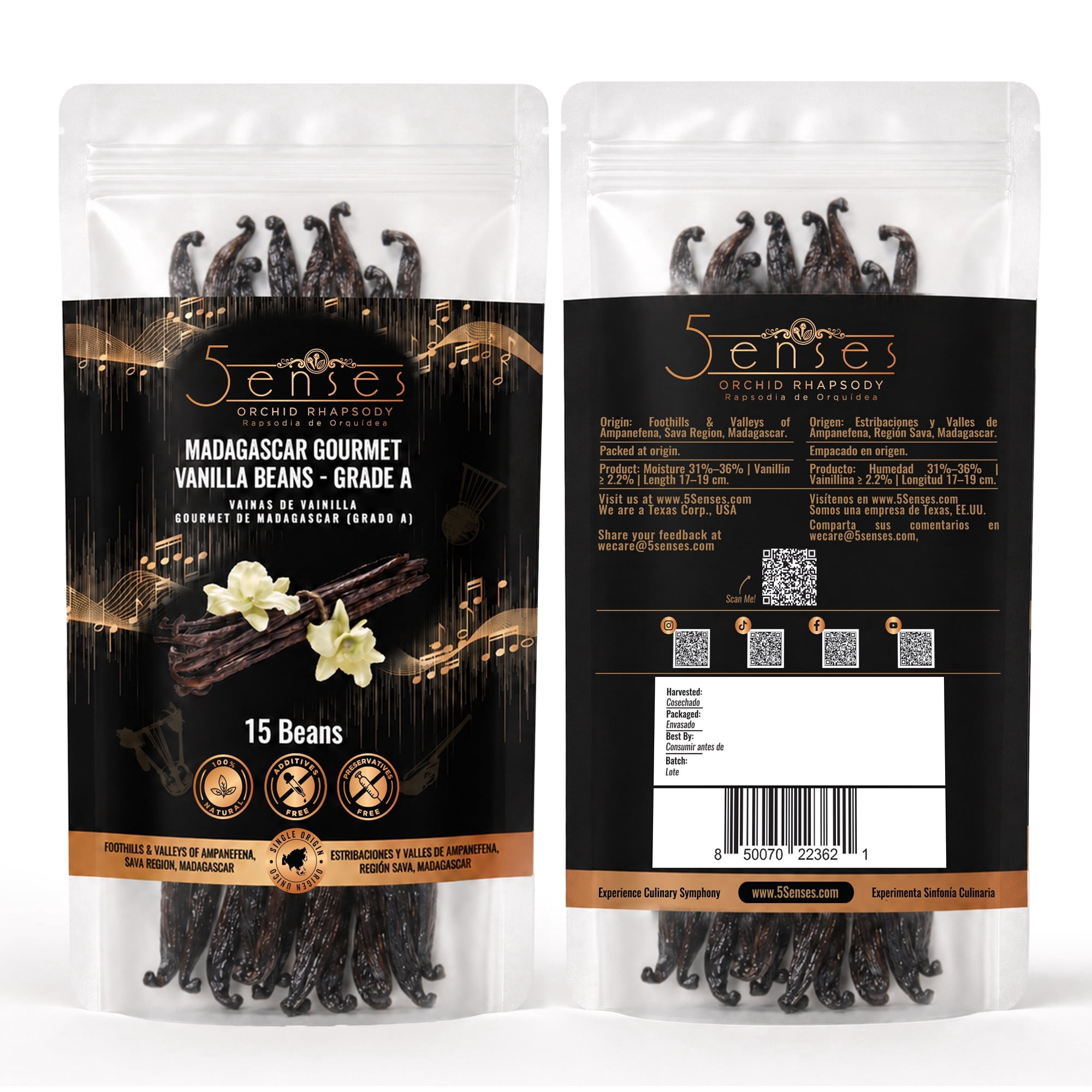 5Senses Madagascar Gourmet Vanilla Beans Grade A | Orchid Rhapsody | Single-Origin Bourbon Vanilla Pods from SAVA Region (Ampanefena) (15 Beans)