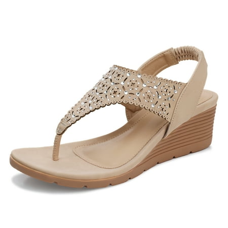 

SHIBEVER Wedge Sandals for Women Rhinestone Elastic Ankle Strap Platform Sandals T-Strap Thong Flip Flops Shoes Apricot 7