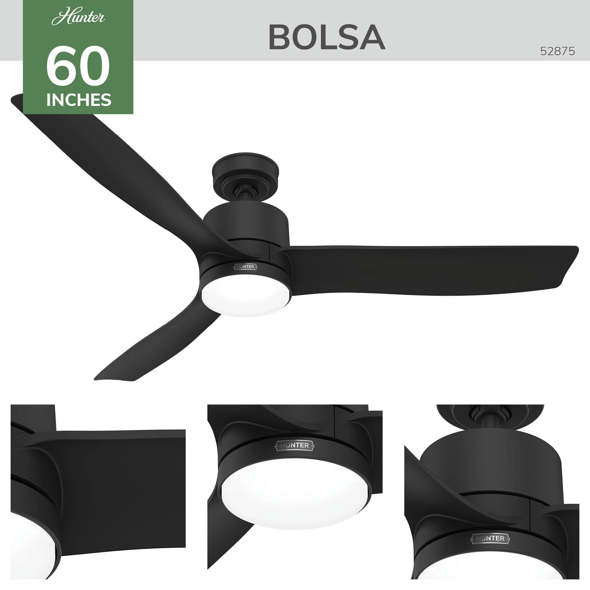 Hunter 60 inch Bolsa Matte Black Ceiling Fan with LED Light Kit and Handheld Remote
