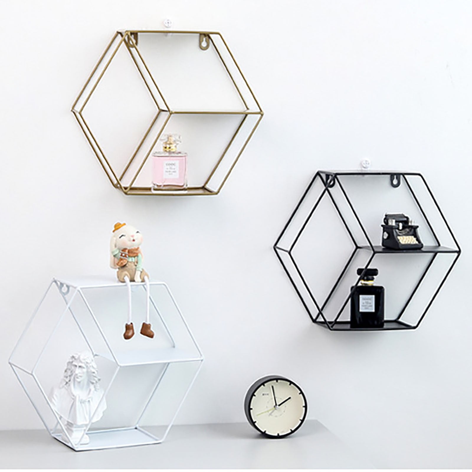 Wall Mounted Floating Shelves Rustic Round Storage Display Hexagonal Wall Hanging Shelf Home Decor for Living Room, Bedroom, Bathroom, Office, Kitchen, Black