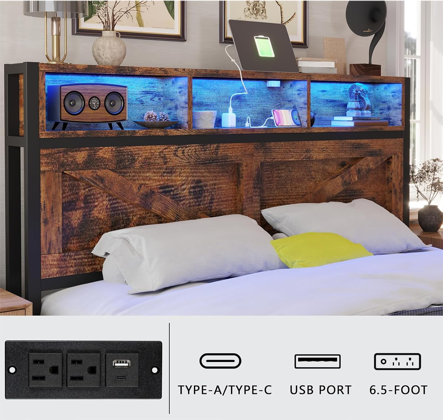 Fastroby Full Bed Frame with Storage Headboard & Drawers, Farmhouse Style, No Box Spring Needed, Brown