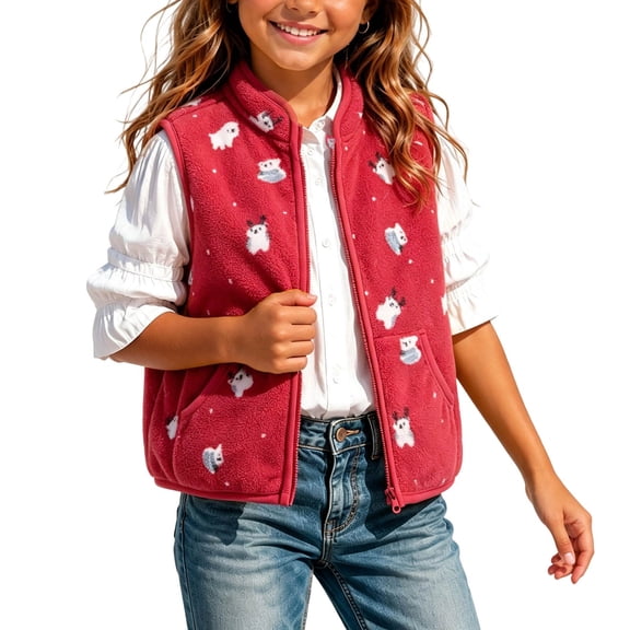 Toddler Girls Sherpa Fleece Vest Zip-Up Cartoon Print Sleeveless Plush Cute Jacket Vests with Pocket Red, Size 3 Y