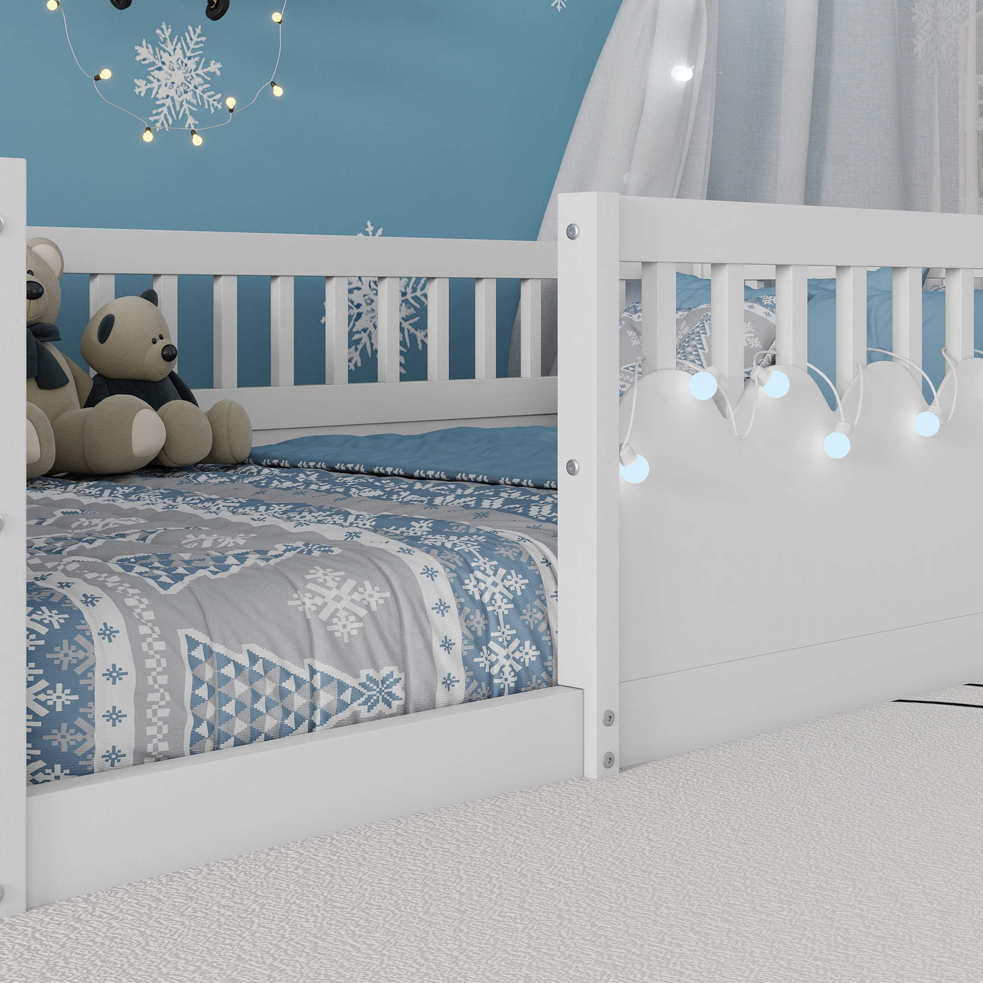 Montessori Floor Bed with High Rails, LED Lights & Storage Shelf, Safe & Wider Opening Gate Design, Twin Size Floor Bed for Boys & Girls, White