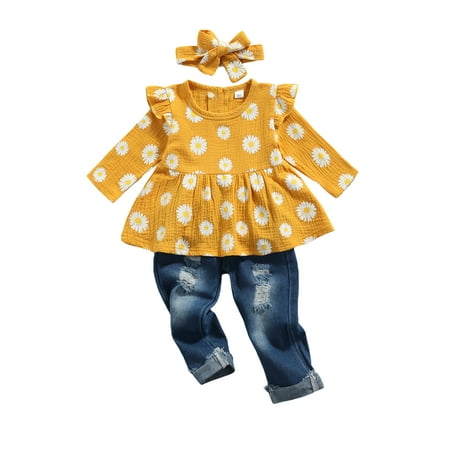 

Sunisery 3Pcs Toddler Baby Girl Clothes Long Sleeve Daisy Flower T-shirt Tops Ripped Jeans Denim Pants Headband Sets Yellow 1-2 Years