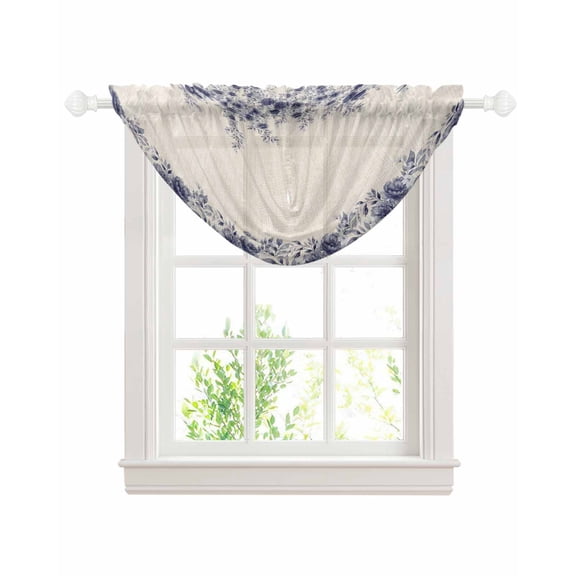 Vintage Navy Blue Roses Sheer Waterfall Valance Curtains for Window, Spring Floral Elegant Pastoral Retro Art Rod Pocket Sheer Topper Swag Curtains for Living Room, Kitchen 38.5"W x 47.2"L, 1 Panel