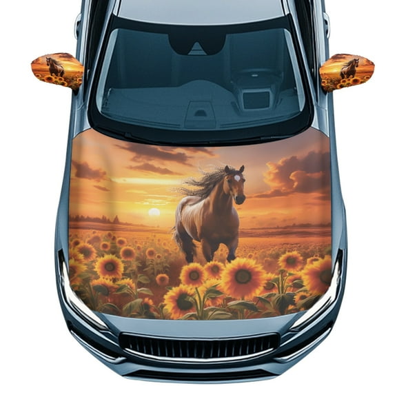 Yuyamidu 3 PCS Horse Car Hood Cover Protector Sunflower Car Front Hood Cover Sunset Auto Exterior Rear View Accessories Removable Side Mirror Covers for Cars Sedans