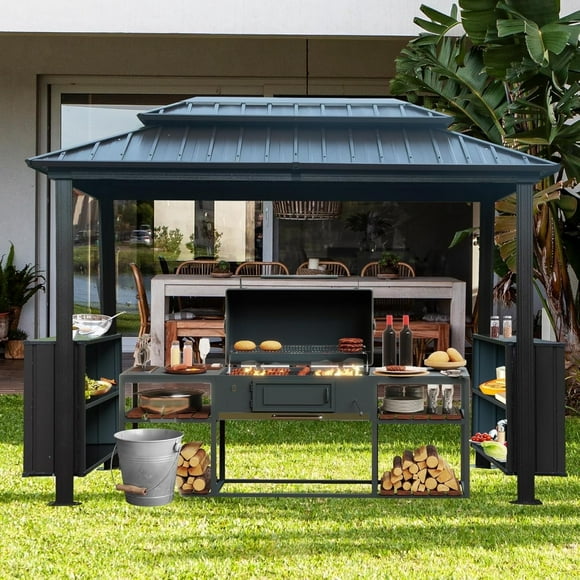 Domi Outdoor Living 6' x 10' Hardtop Grill Gazebo, Outdoor BBQ Canopy with Galvanized Steel Double Roof, 2 Double-Layer Storage Cabinets, Ceiling Hooks, for Backyard and Garden, Grey
