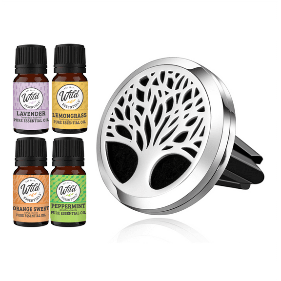 Wild Essentials Tree of Life Aromatherapy Car Air Freshener Essential Oil Car Vent Diffuser With Vent Clip and 8 Color Refill Pads 4 Essential Oils (Lavender, Lemongrass, Orange, Peppermint) Gift Set
