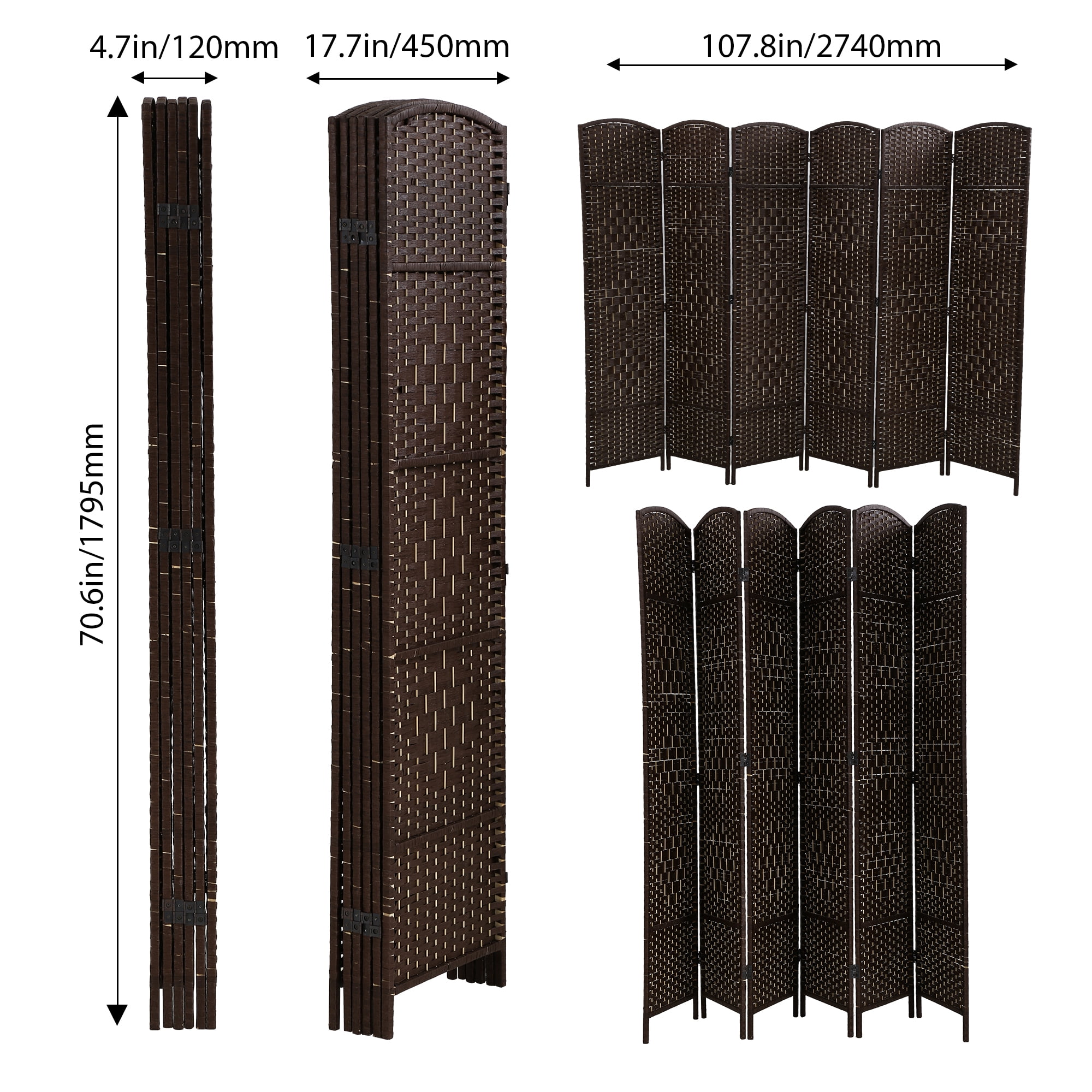 CL.HPAHKL 6 Panel Room Divider, 6 ft Tall Folding Privacy Screen Indoor Room Separators Divider Wall with Double Hinged Panels Portable Partition Wall Divider for Home Office Bedroom, Brown