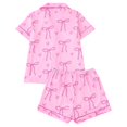 thumbnail image 5 of Women’s 2‑Piece Pjs Set All Over Bow Heart Pattern Button Down Notch Collar Short Sleeve Top Elastic Waist Shorts with Chest Pocket Soft Comfy Relaxed Fit Summer Nightwear Loungewear Pink S, 5 of 9