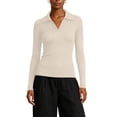 thumbnail image 2 of ClodeEU Women's Collared V Neck Ribbed Long Sleeve Sweater,Casual Slim Fit Knit Pullover Top Khaki,Women's Plus M, 2 of 6