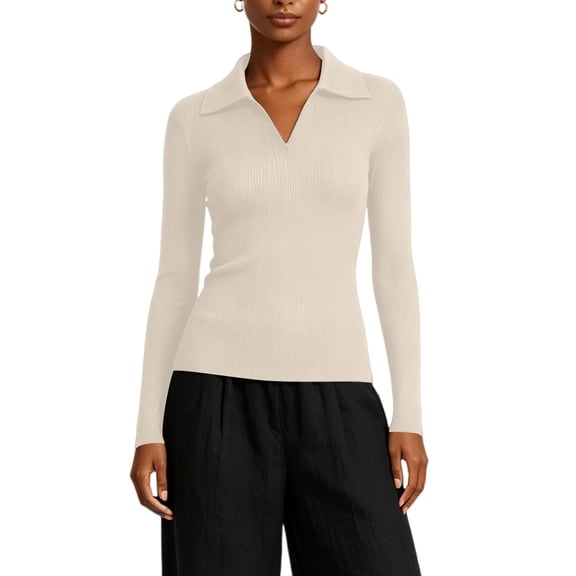 cocolona Womens Trendy Slim Kintted Tops Long Sleeve V Neck Lapel Shirts Solid Color Fall Tops