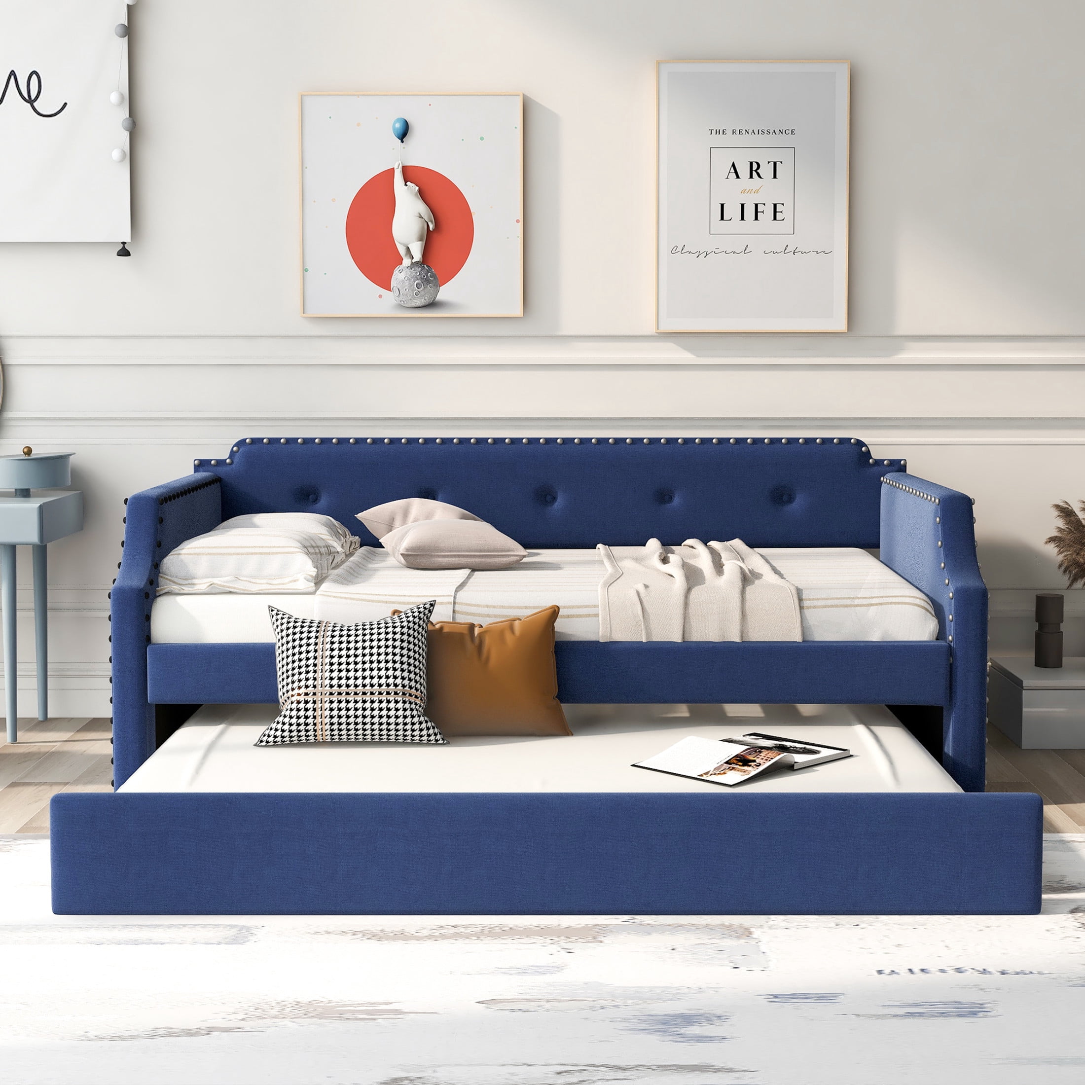 Noble House Brynn Twin Upholstered Daybed with Trundle and Nailhead Trim, Linen Fabric Sofa Bed, Blue