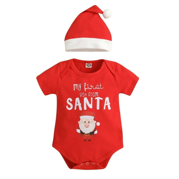 PINQI Fashion Outfits Set for Baby Spring Christmas Boys Girls Letter Short Sleeve Romper Bodysuit Outfit with Hat for 0-12 Months(A,0-3 Months)