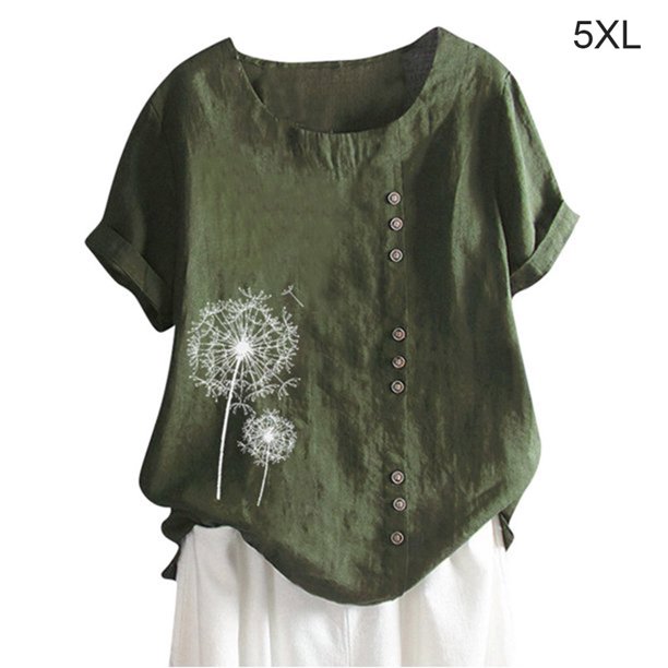 Camisa de mujer con botones, blusa informal de manga corta con cuello redondo, verde, 5XL Noticed AP001735-32